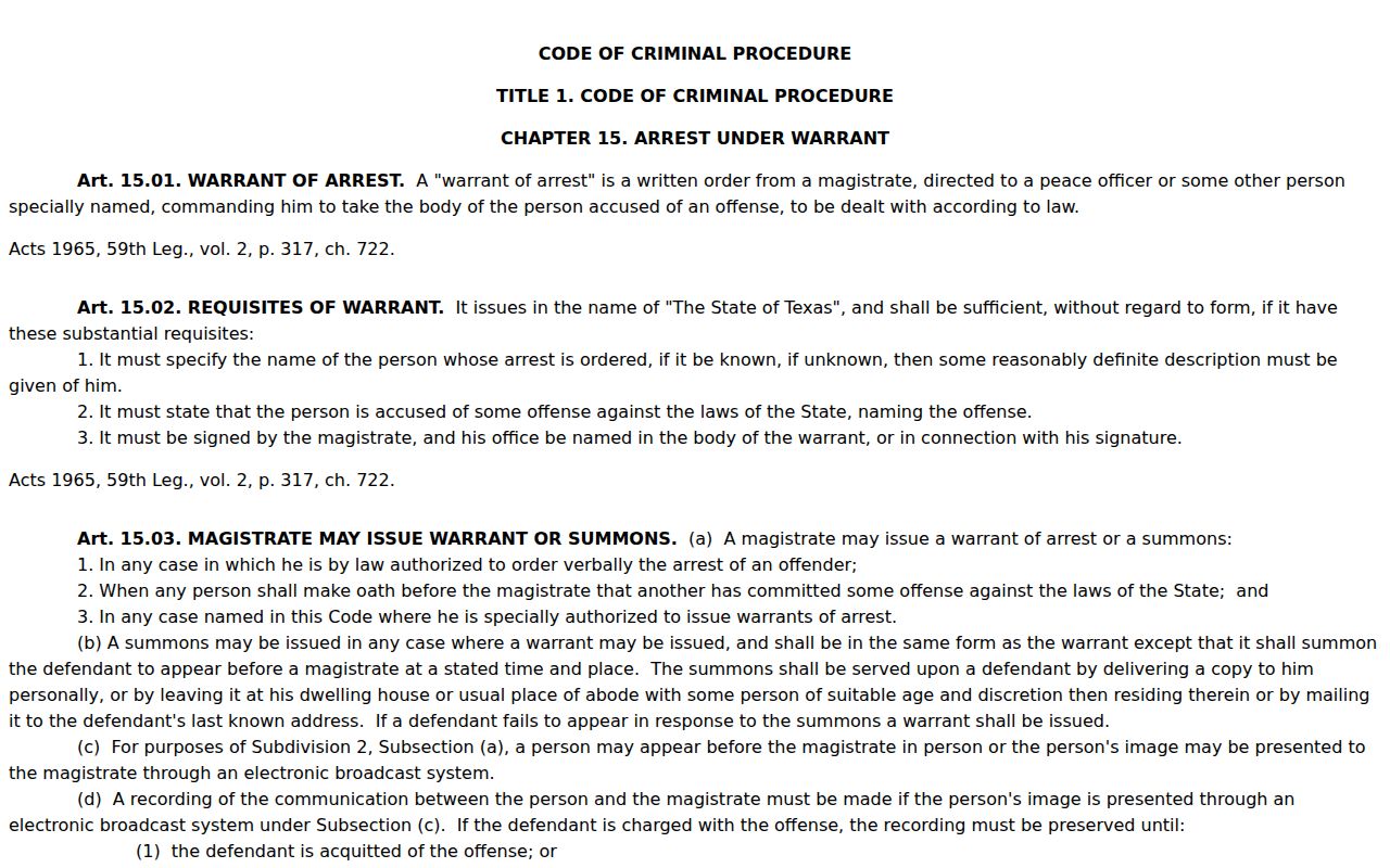 Texas Chapter 15 arrest warrant law for Calhoun County warrant records