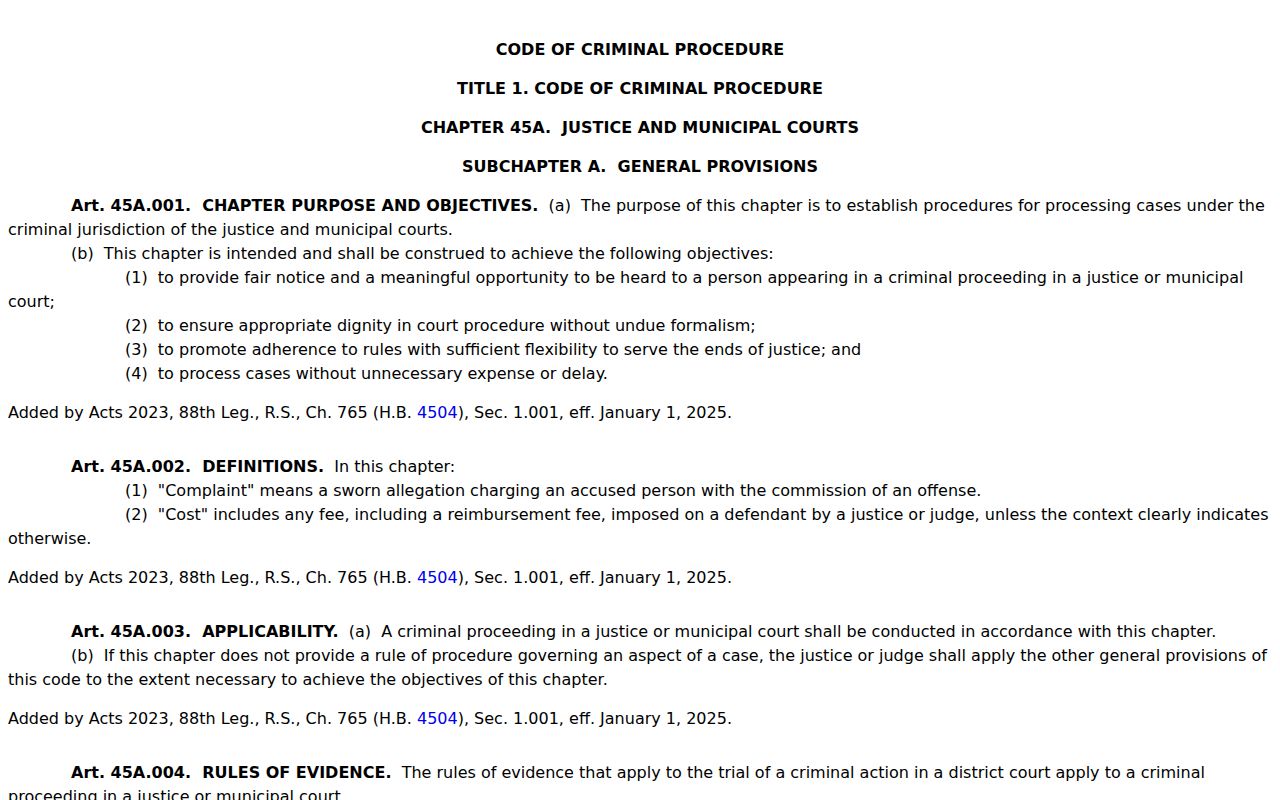 Texas Chapter 45A rules for Calhoun County bench warrant and capias pro fine questions