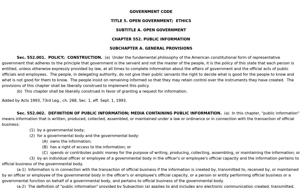Texas Public Information Act rules for Calhoun County warrant record access